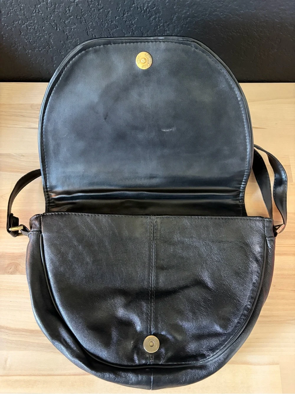 Vintage Italian Halfmoon Hobo Bag, brass hardware, black, made in Italy Y2K